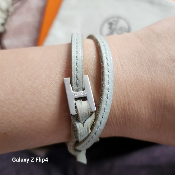 HERMES Tillet Bracelet Leather H Silver Women light baby blue Leather - Picture 6 of 10